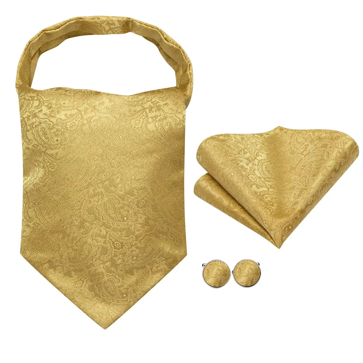 Dubulle Gold Paisley Floral Ascot Set for Men | Silk Blend Cravat, Pocket Square & Cufflinks - view 3