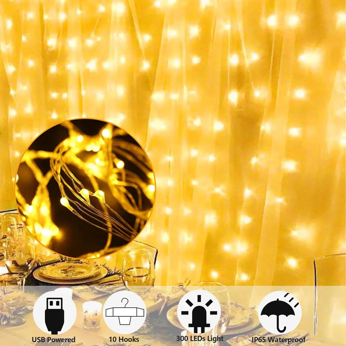 HOME LIGHTING Window Curtain String Lights, 300 LED, 8 Modes | USB Powered, Warm White, Indoor & Outdoor - view 2