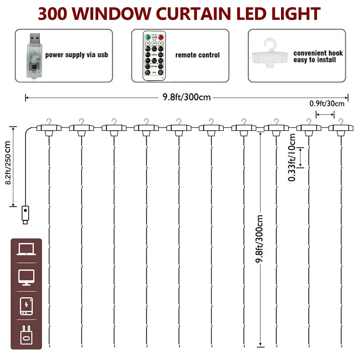 HOME LIGHTING Window Curtain String Lights, 300 LED, 8 Modes | USB Powered, Warm White, Indoor & Outdoor - view 4