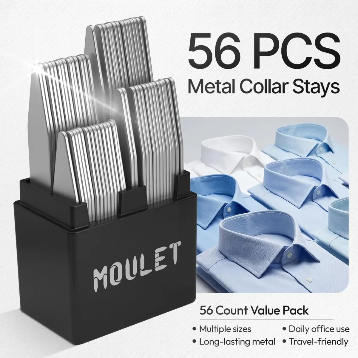 Moulet Metal Collar Stays for Men's Dress Shirts – 56 Premium Stainless Steel Inserts in 4 Sizes - view 6