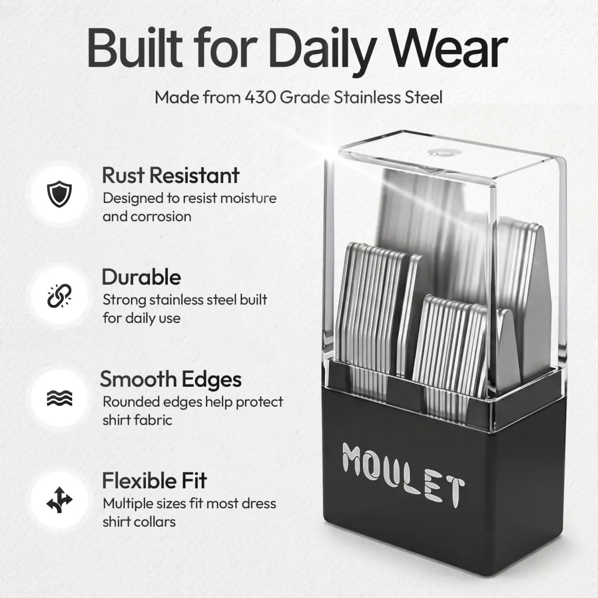 Moulet Metal Collar Stays for Men's Dress Shirts – 56 Premium Stainless Steel Inserts in 4 Sizes - view 3