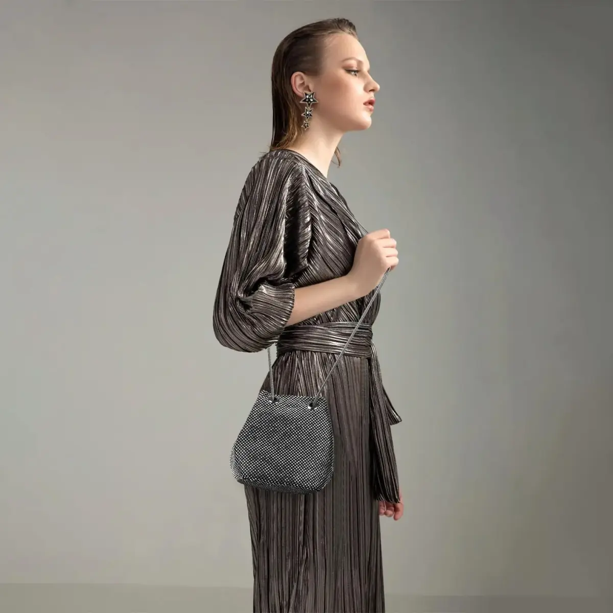 JIAN YA NA Rhinestone Bucket Bag Evening Purse - Bucket Black, X-Large - view 3