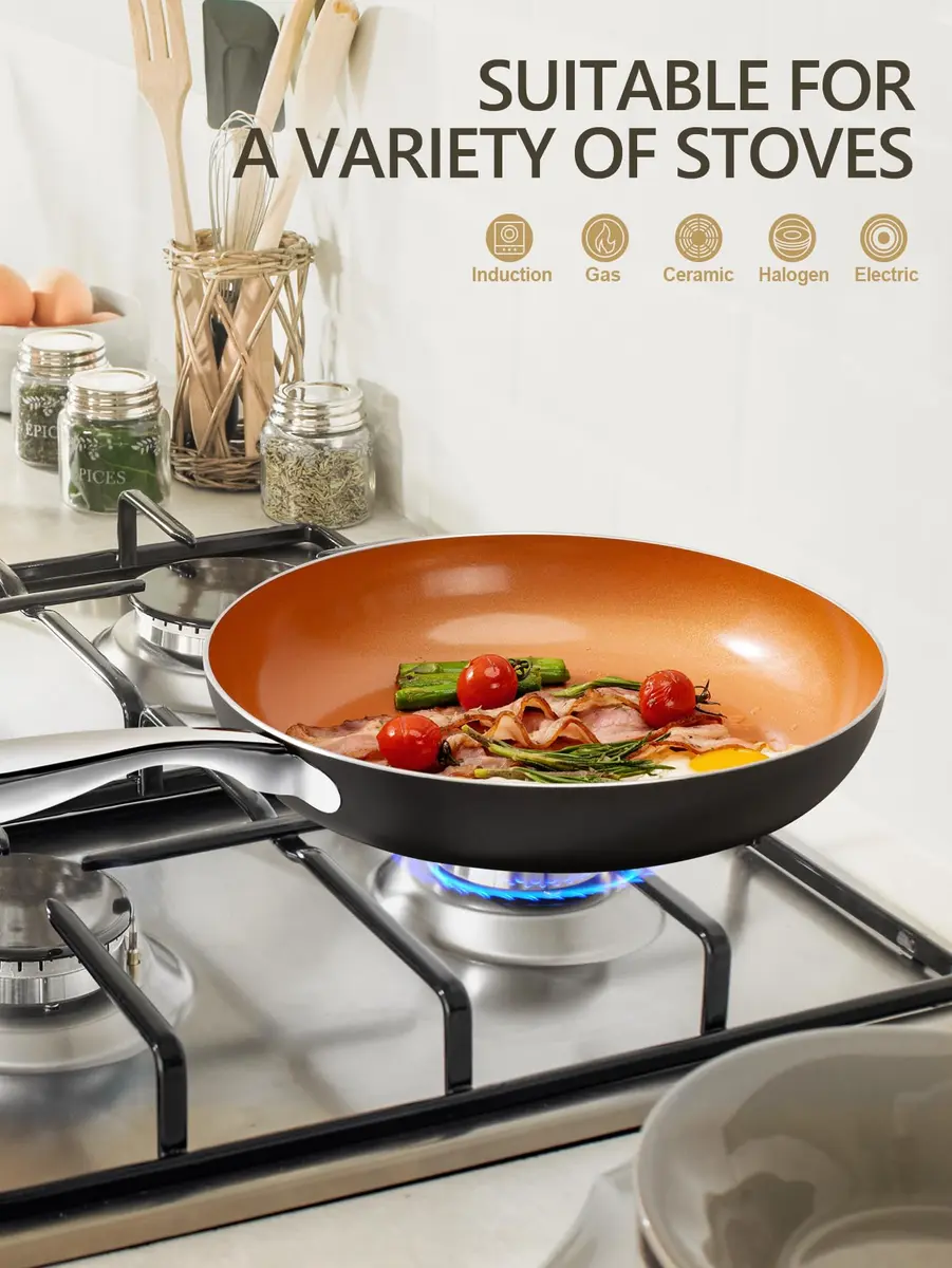MICHELANGELO 10 Inch Copper Nonstick Frying Pan with Lid | Scratch-Resistant Ceramic Coating, Oven & Dishwasher Safe - view 5