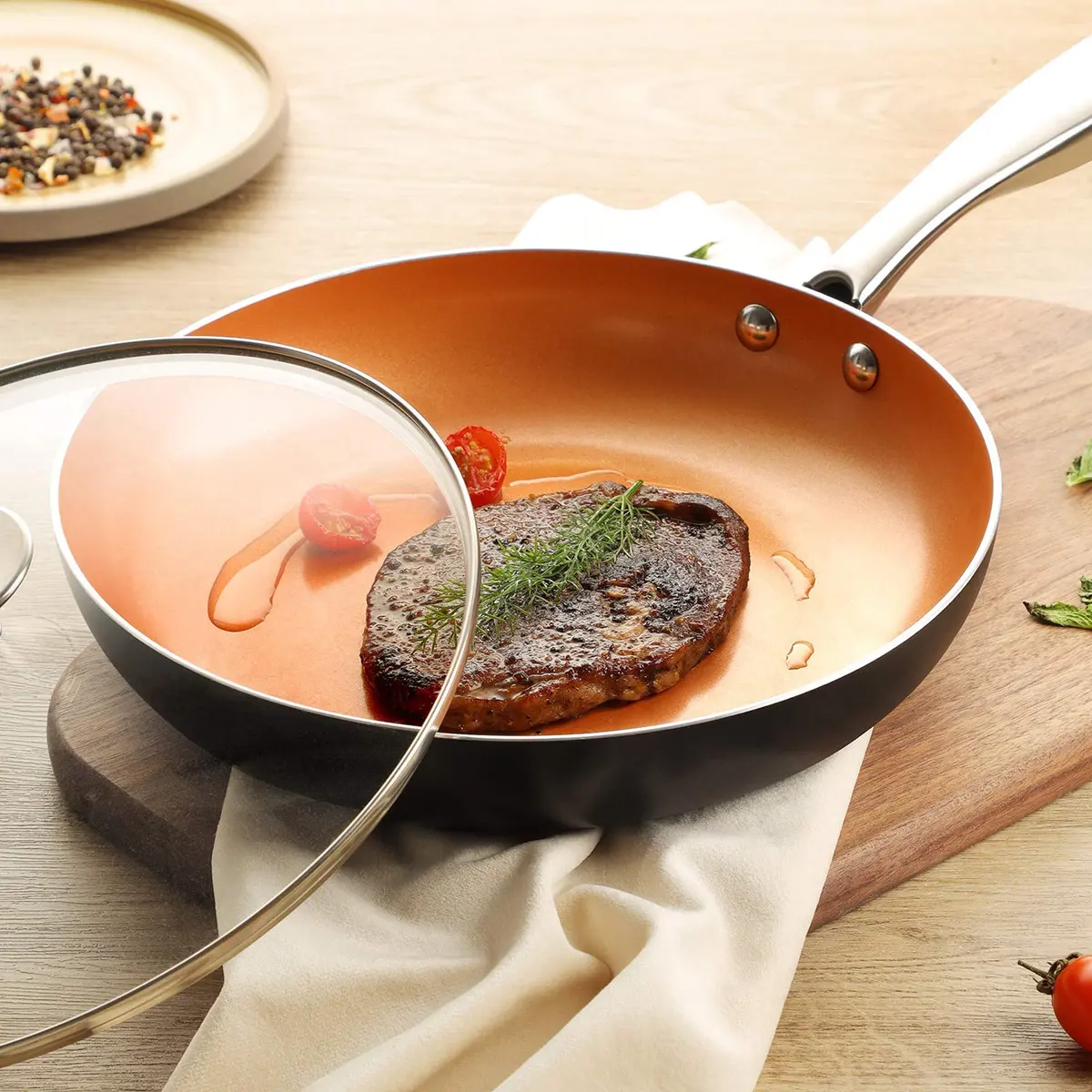 MICHELANGELO 10 Inch Copper Nonstick Frying Pan with Lid | Scratch-Resistant Ceramic Coating, Oven & Dishwasher Safe - view 9