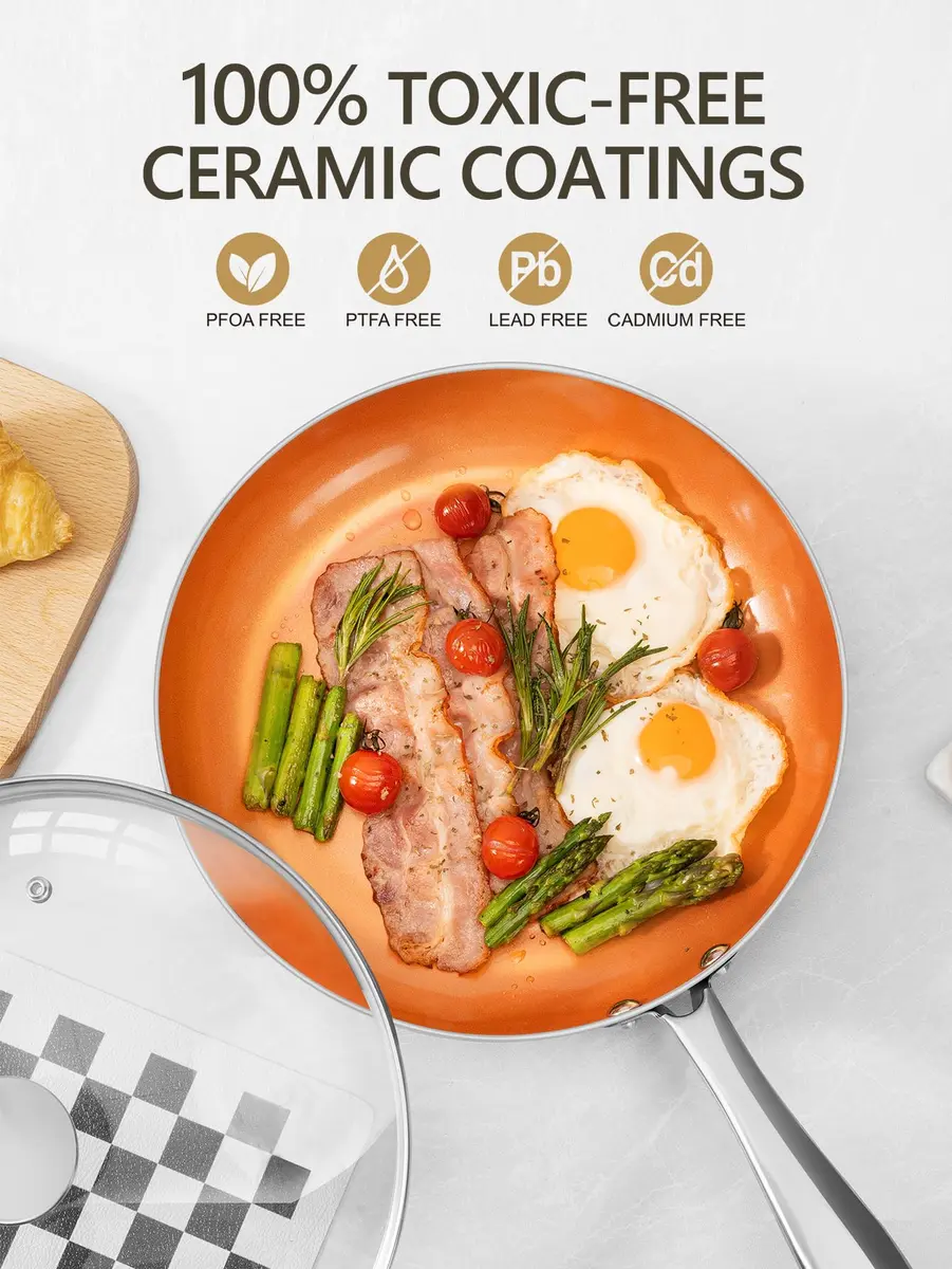 MICHELANGELO 10 Inch Copper Nonstick Frying Pan with Lid | Scratch-Resistant Ceramic Coating, Oven & Dishwasher Safe - view 2