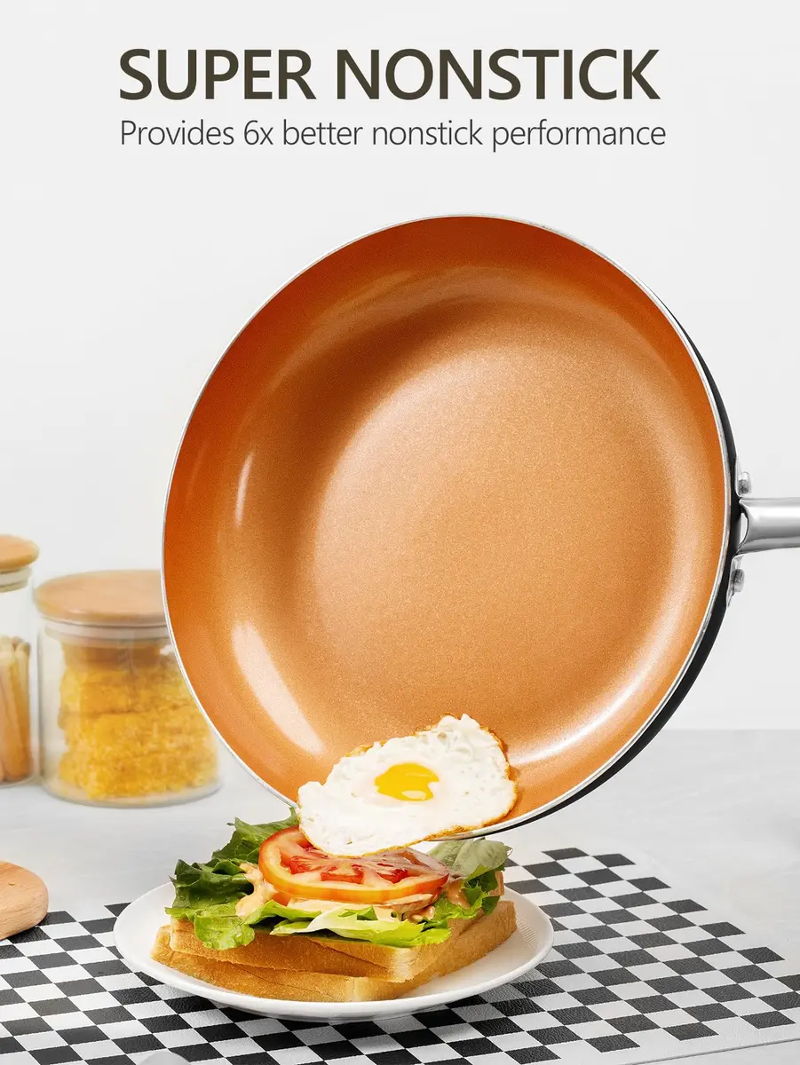 MICHELANGELO 10 Inch Copper Nonstick Frying Pan with Lid | Scratch-Resistant Ceramic Coating, Oven & Dishwasher Safe - view 3