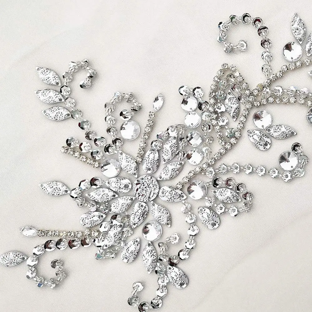 succi shan 17x38cm Sew on Sequin Rhinestones Belt Crystal Appliques for DIY Costume Dress | Floral Embroidered Patch - view 5