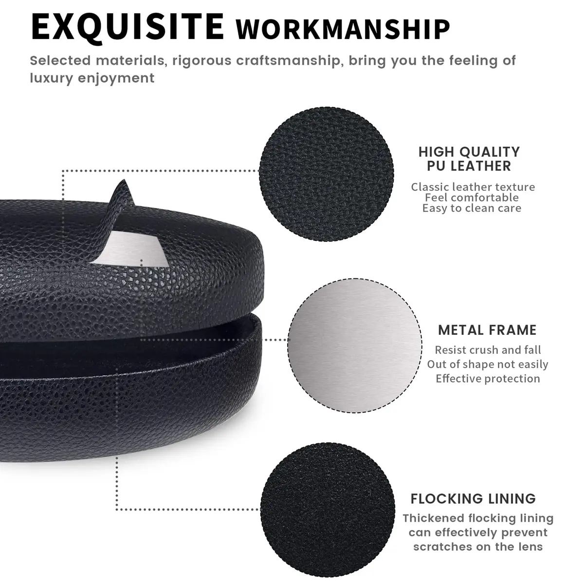 molshine Hard Shell Sunglasses Case Large Black | Classic PU Leather with Metal Frame & Flocking Lining - view 4