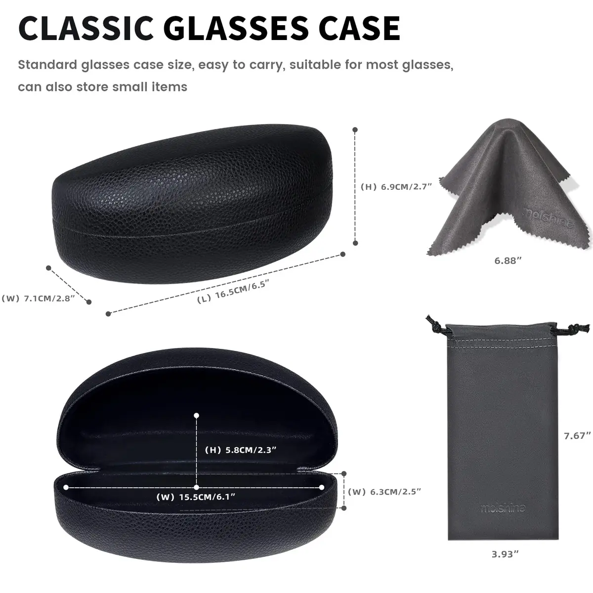 molshine Hard Shell Sunglasses Case Large Black | Classic PU Leather with Metal Frame & Flocking Lining - view 3