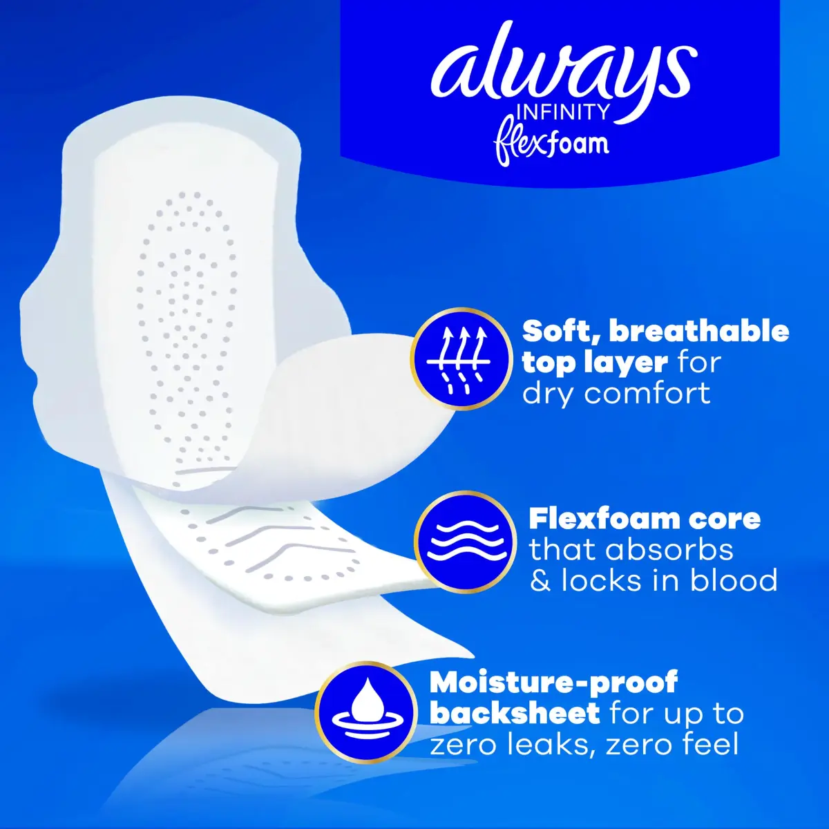 Always Infinity FlexFoam Feminine Pads Size 5 Extra Heavy Overnight Unscented with Wings 30 Count | Dermatologist Tested - view 2