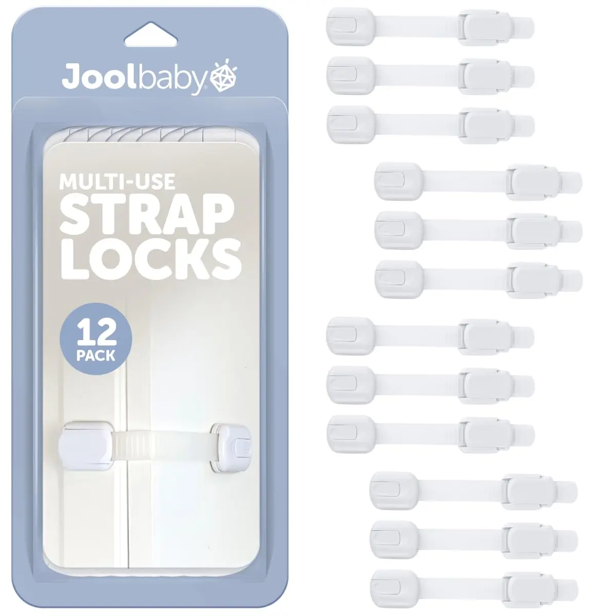 Jool Baby Child Safety Strap Locks (12 Pack) Baby Proof Cabinets, Drawers, Fridge, Toilet & Trash Cans – 3M Adhesive Childproof Locks - main product image