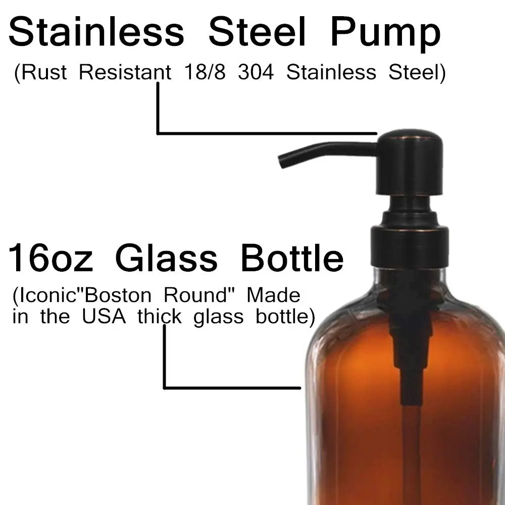 CHBJDAN Amber Glass Soap Dispenser 2-Pack 500ml (16 Fl Oz) | Vintage Style with Oil Rubbed Bronze Pumps - view 3