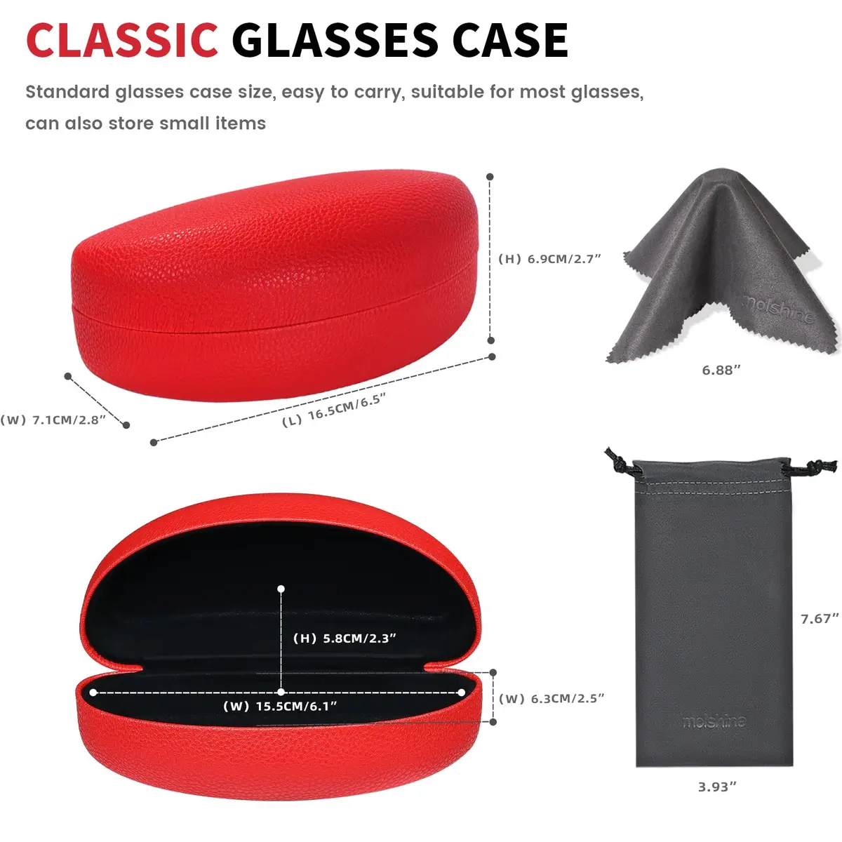 molshine Hard Shell Sunglasses Case Red | Classic PU Leather Eyeglass Case with Metal Frame, 16.5cm (6.5") - view 3