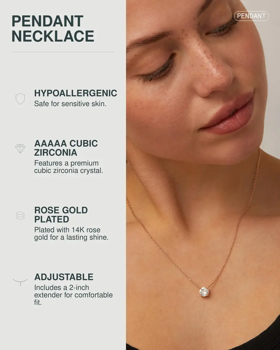PAVOI CZ Dainty Solitaire Choker Necklace, 14K Gold Plated, Rose Gold, R | Elegant 18in Pendant for Women - view 2
