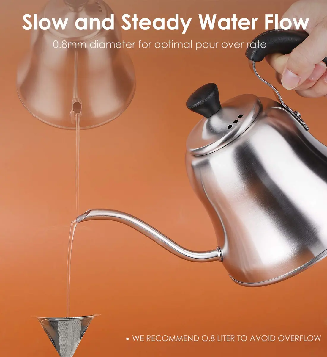 Chefbart Gooseneck Kettle for Pour Over Coffee & Tea, 0.8L (28oz) Brushed Stainless Steel | Precise Flow Control for Drip Brewing - view 3