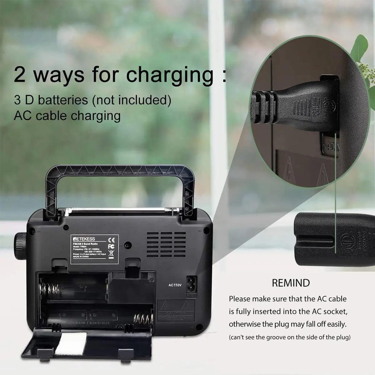 Retekess TR604 AM FM Radio Portable Plug-in Wall Black | Simple Operation for Elders - view 3