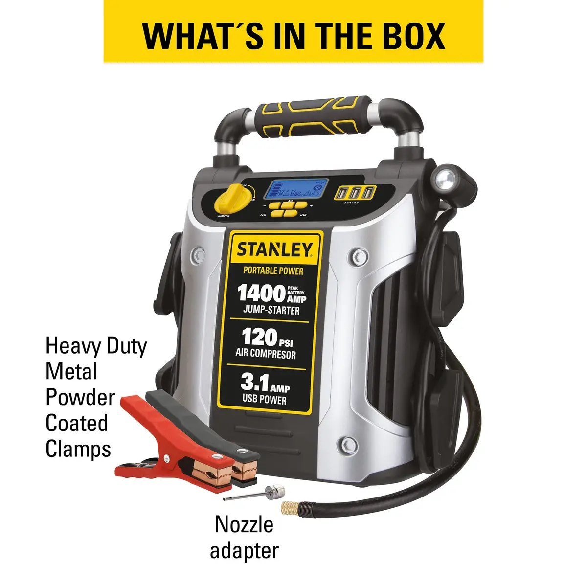 STANLEY Jump Starter 1400 Peak Amps | 120 PSI Inflator, USB & LED Light, 12V Battery Support - view 4