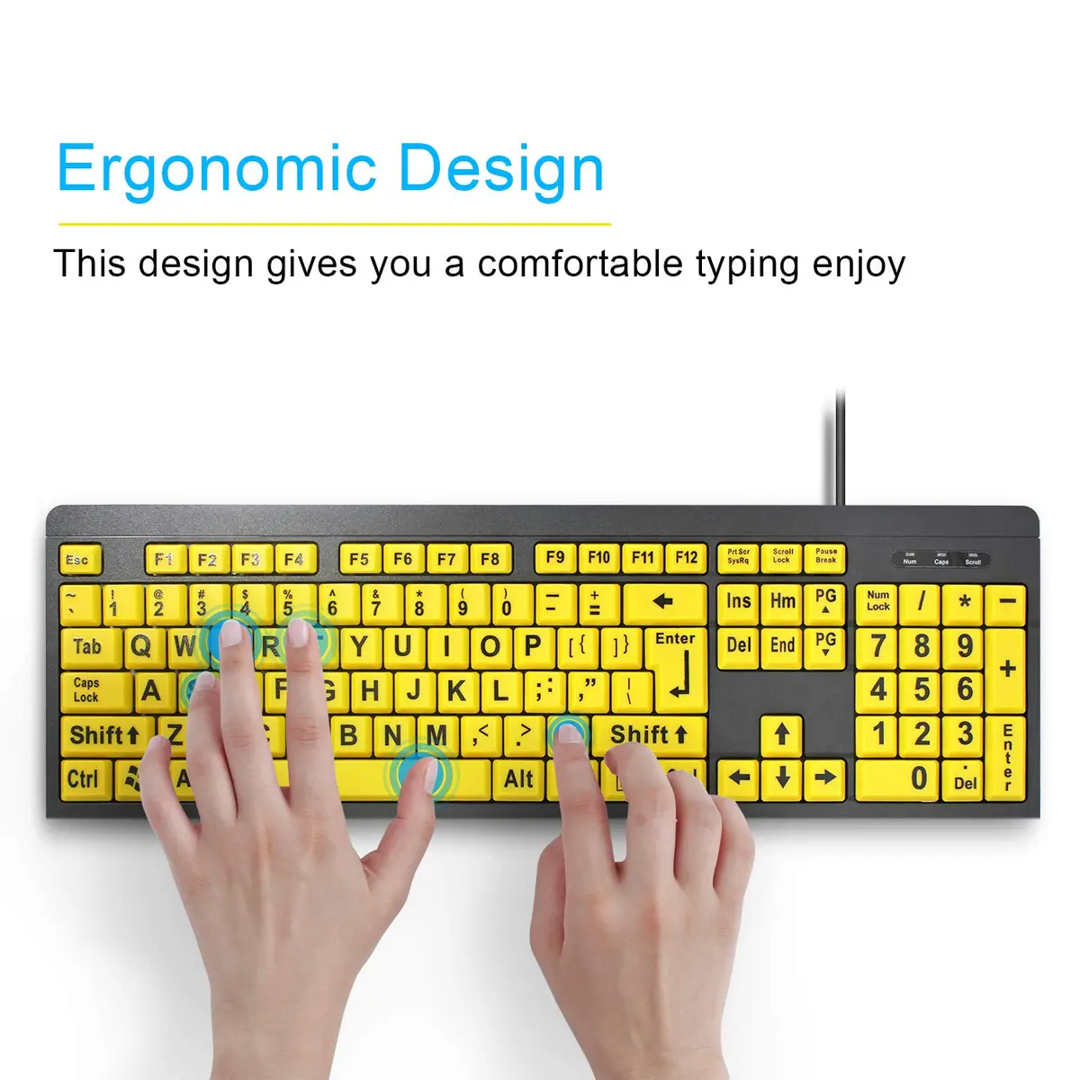 BOOGIIO Large Print Computer Keyboard Wired USB High Contrast Yellow+Black | Ergonomic Design for Visually Impaired - view 5