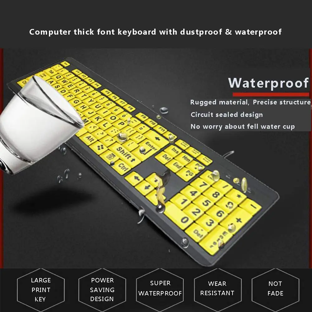 BOOGIIO Large Print Computer Keyboard Wired USB High Contrast Yellow+Black | Ergonomic Design for Visually Impaired - view 9