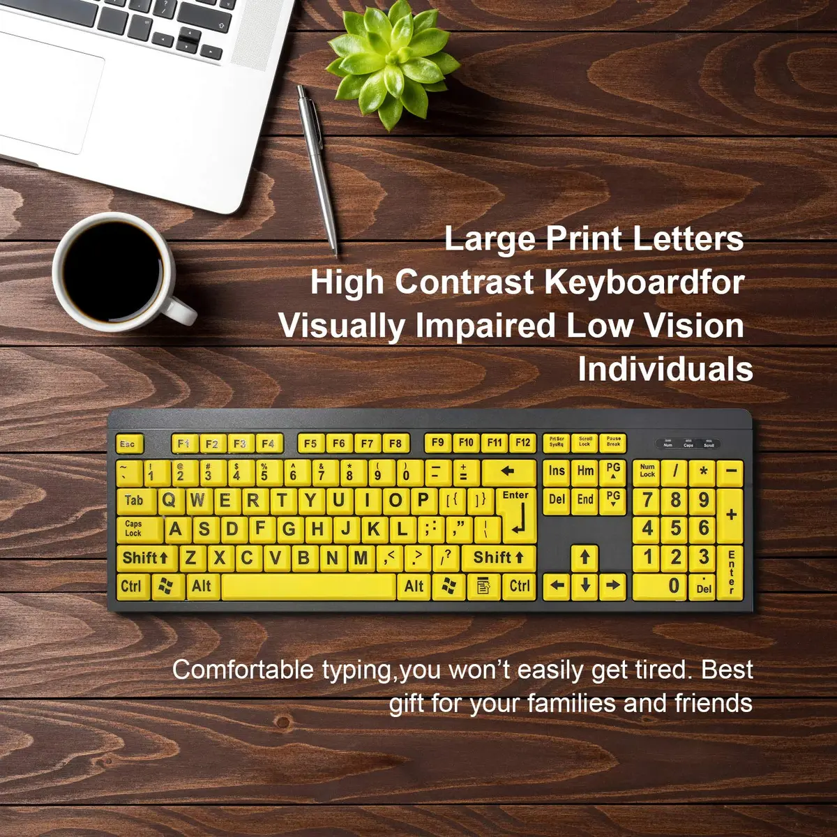 BOOGIIO Large Print Computer Keyboard Wired USB High Contrast Yellow+Black | Ergonomic Design for Visually Impaired - view 2