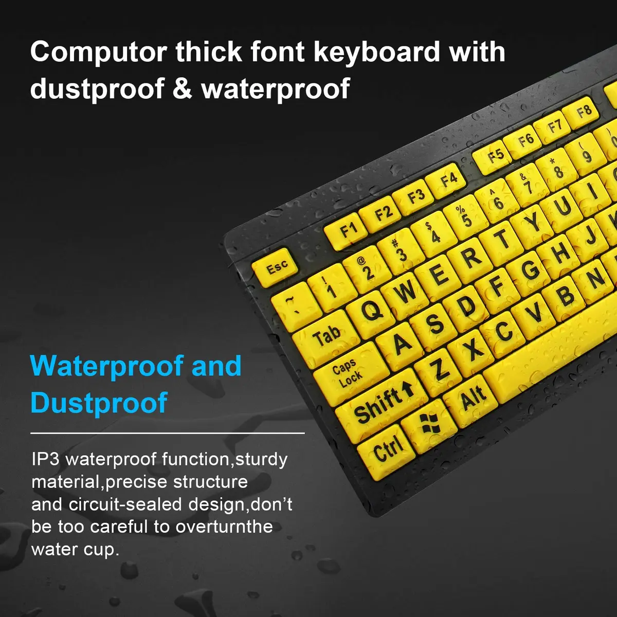 BOOGIIO Large Print Computer Keyboard Wired USB High Contrast Yellow+Black | Ergonomic Design for Visually Impaired - view 3