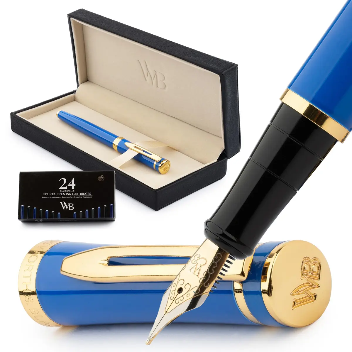 Wordsworth & Black Luxury Fountain Pen Set for Writing, Medium Nib, Blue | Brass & Gold Finish, Refillable, Perfect for Calligraphy & Journaling - main product image