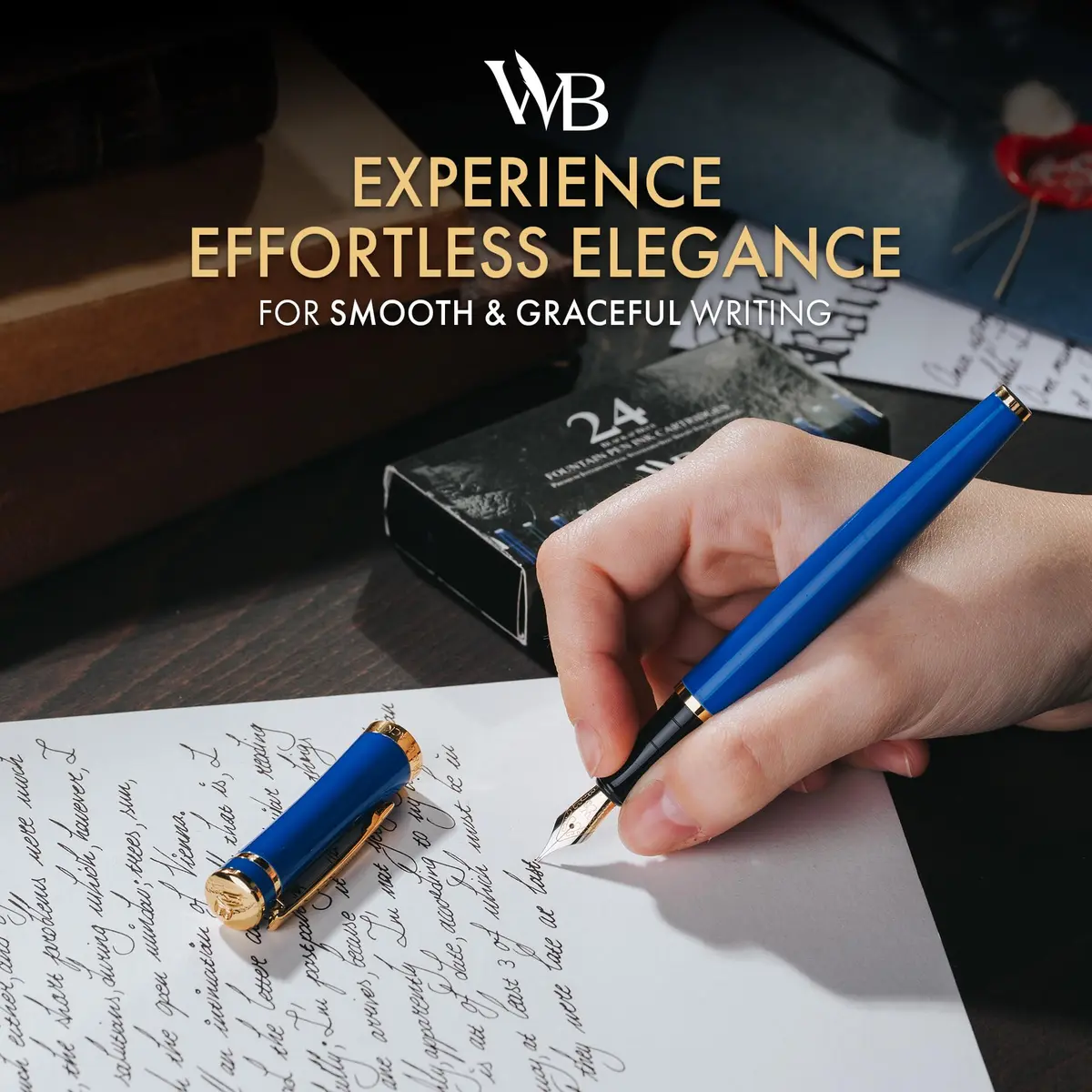 Wordsworth & Black Luxury Fountain Pen Set for Writing, Medium Nib, Blue | Brass & Gold Finish, Refillable, Perfect for Calligraphy & Journaling - view 2