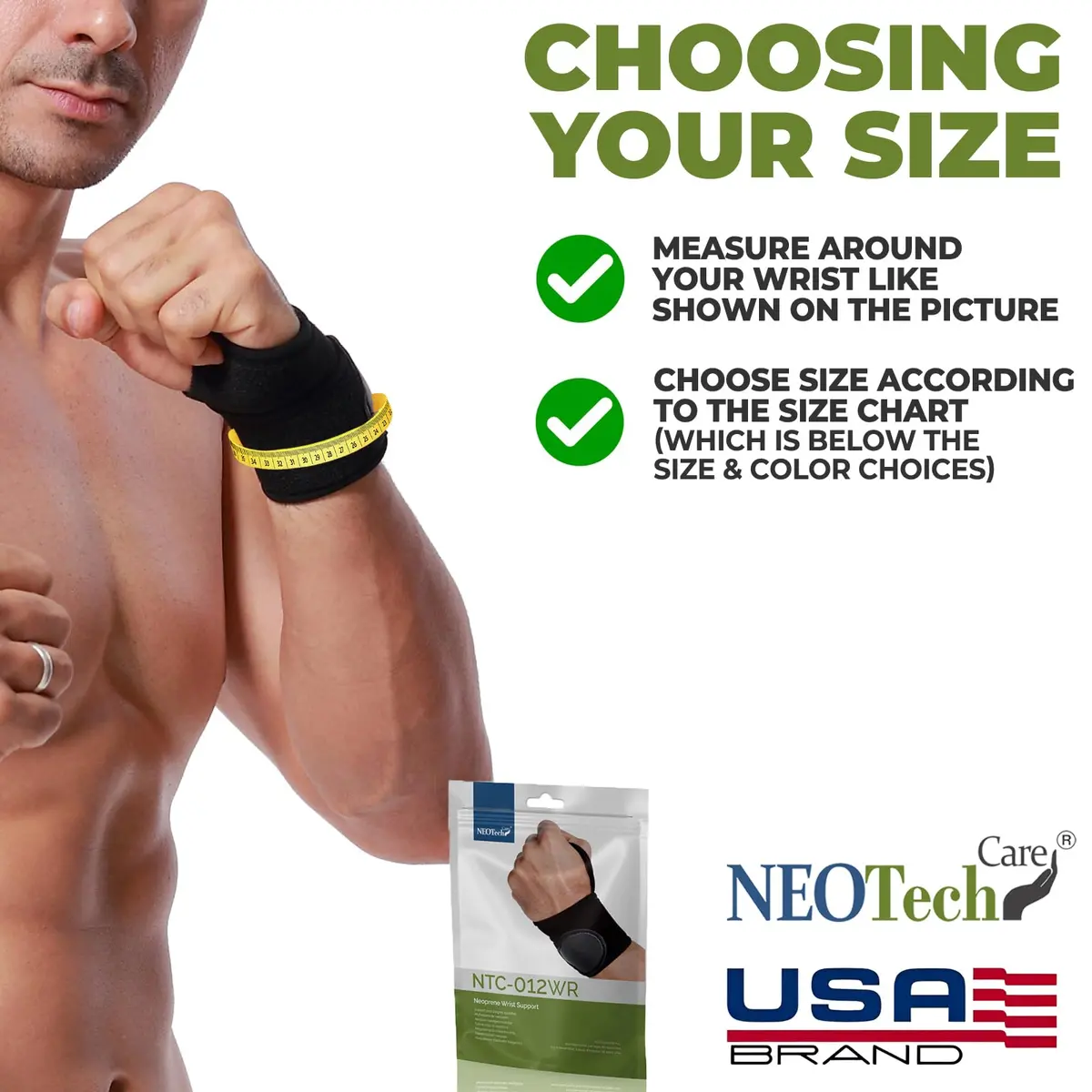 NeoTech Care Wrist Band - Elastic & Breathable Fabric - Adjustable Compression Strap for Men & Women (Black, Size L, 1 Pair) - view 2