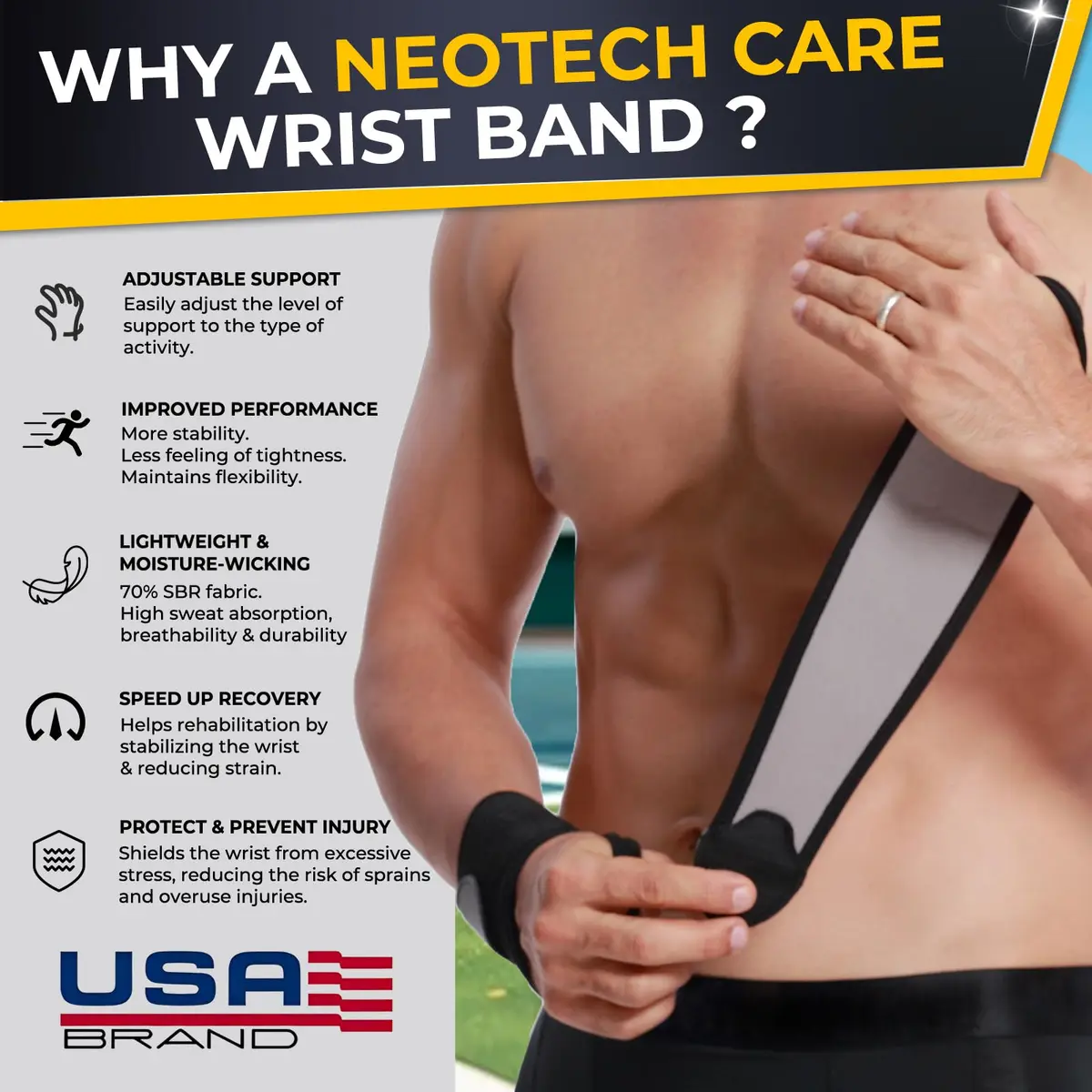 NeoTech Care Wrist Band - Elastic & Breathable Fabric - Adjustable Compression Strap for Men & Women (Black, Size L, 1 Pair) - view 3