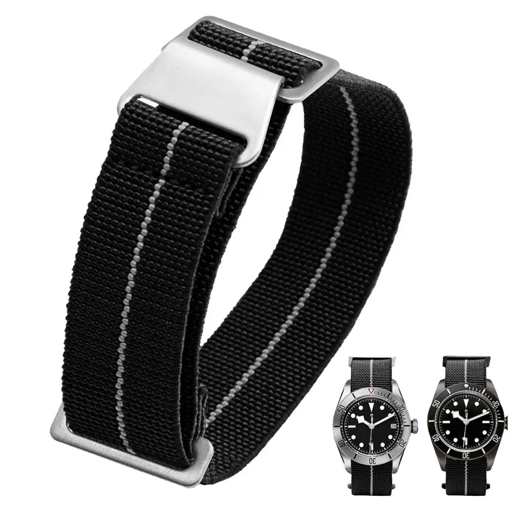 NIBD Watch Band 20mm Black with White | Elastic Nylon Military Style Strap - main product image