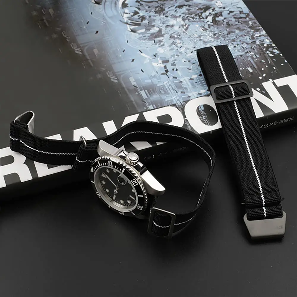 NIBD Watch Band 20mm Black with White | Elastic Nylon Military Style Strap - view 5