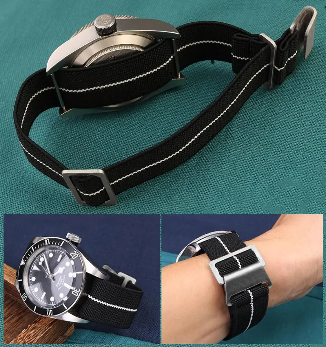 NIBD Watch Band 20mm Black with White | Elastic Nylon Military Style Strap - view 7
