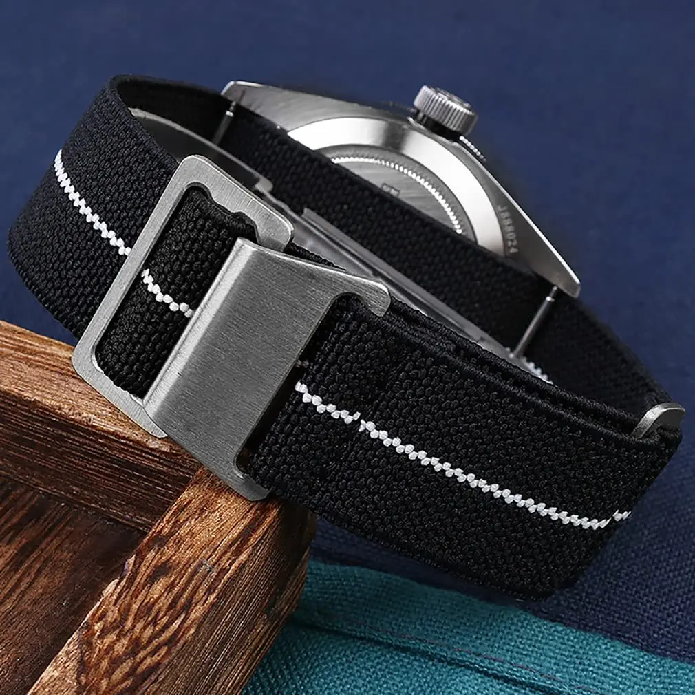 NIBD Watch Band 20mm Black with White | Elastic Nylon Military Style Strap - view 8