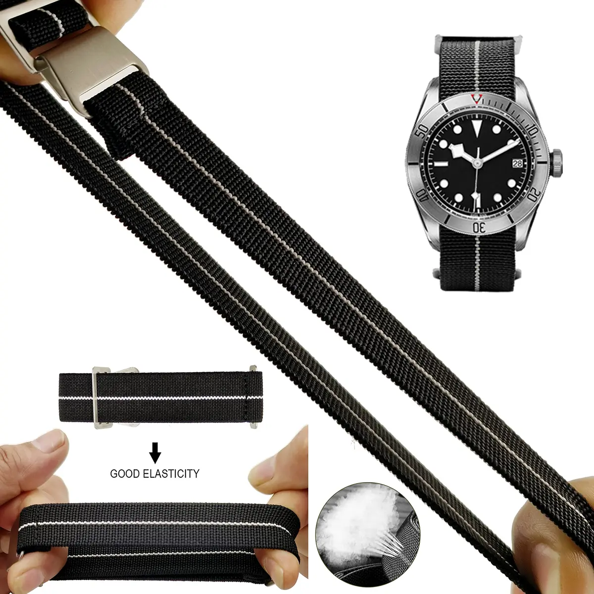NIBD Watch Band 20mm Black with White | Elastic Nylon Military Style Strap - view 2