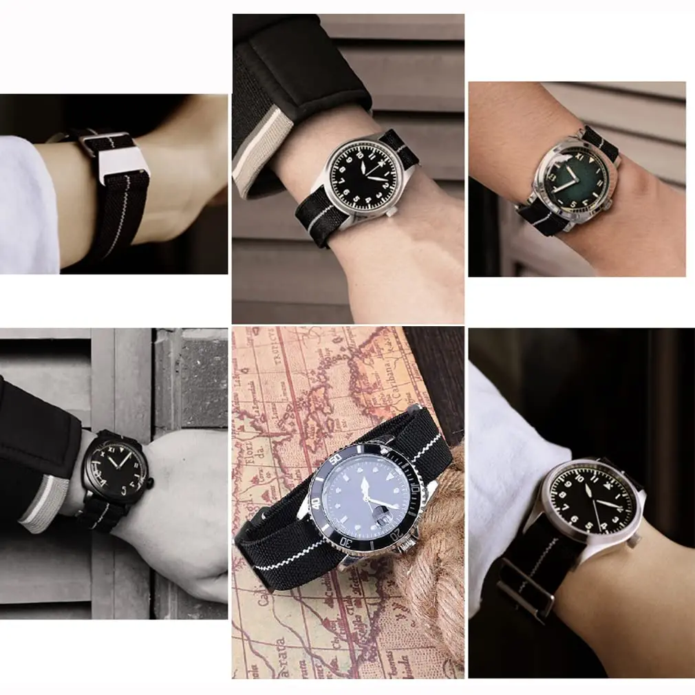 NIBD Watch Band 20mm Black with White | Elastic Nylon Military Style Strap - view 3
