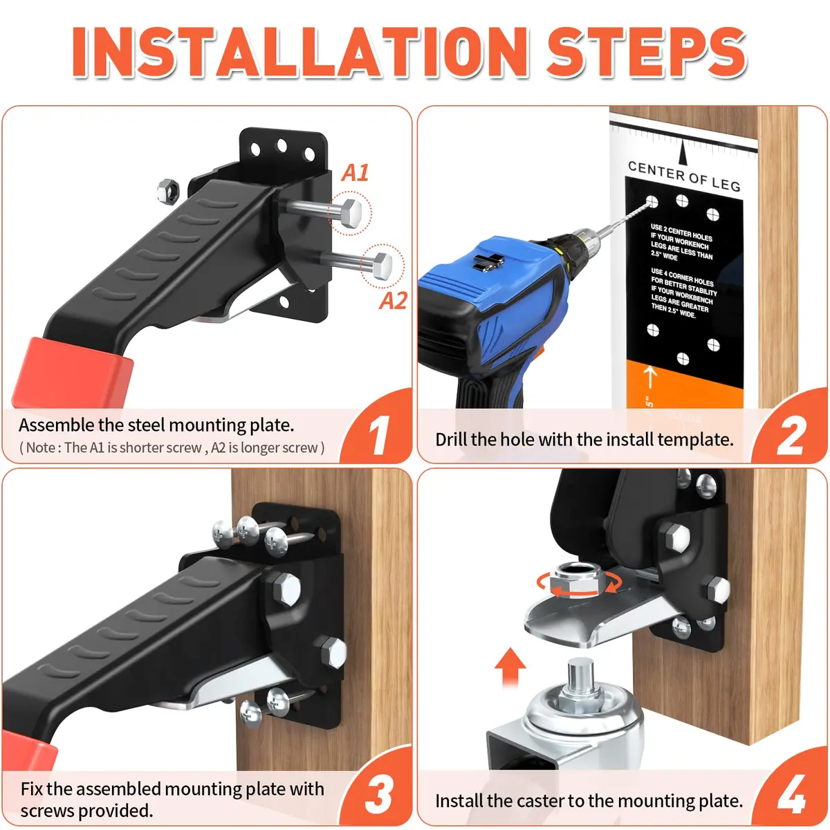 SPACEKEEPER Heavy Duty Retractable Workbench Casters Kit 660 Lbs Capacity | 4 Pack with 2.5-inch Urethane Wheels - view 5