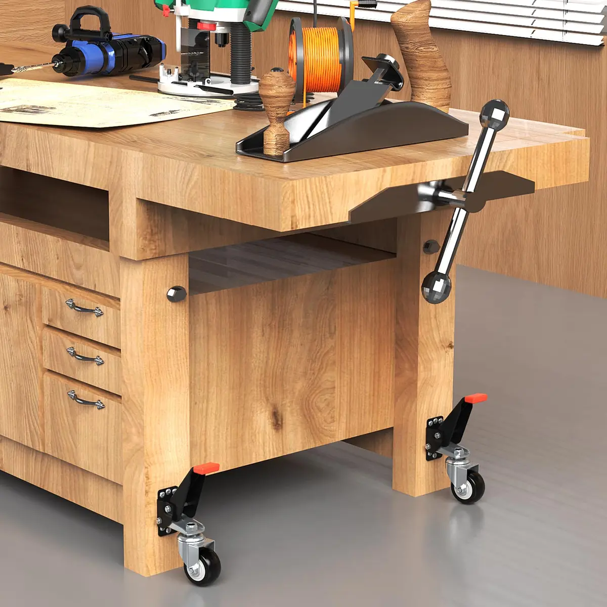 SPACEKEEPER Heavy Duty Retractable Workbench Casters Kit 660 Lbs Capacity | 4 Pack with 2.5-inch Urethane Wheels - view 6