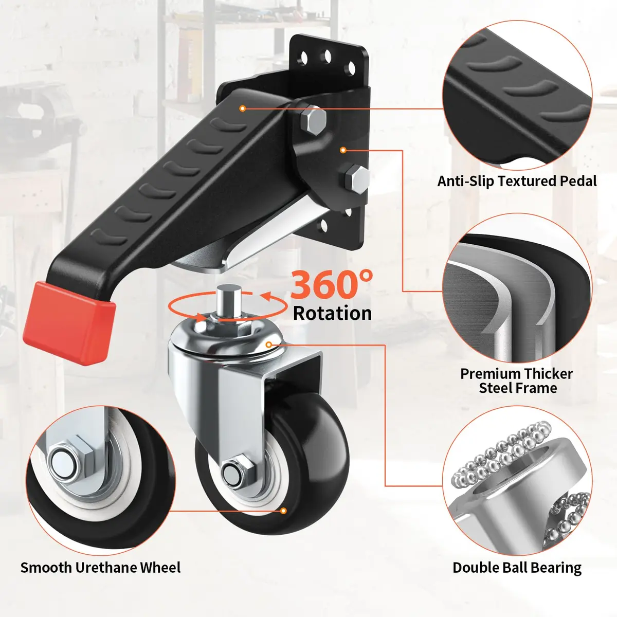 SPACEKEEPER Heavy Duty Retractable Workbench Casters Kit 660 Lbs Capacity | 4 Pack with 2.5-inch Urethane Wheels - view 2
