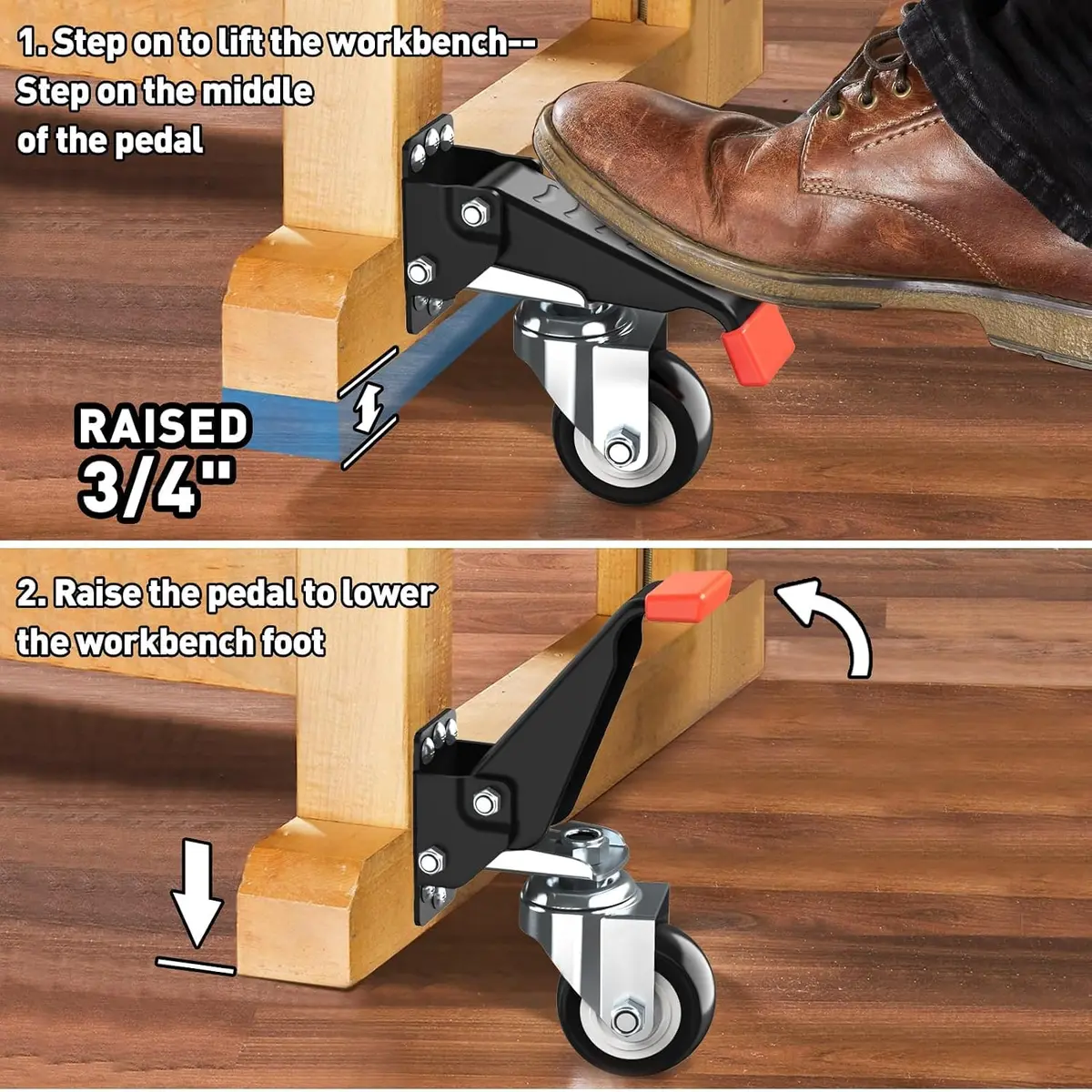 SPACEKEEPER Heavy Duty Retractable Workbench Casters Kit 660 Lbs Capacity | 4 Pack with 2.5-inch Urethane Wheels - view 4
