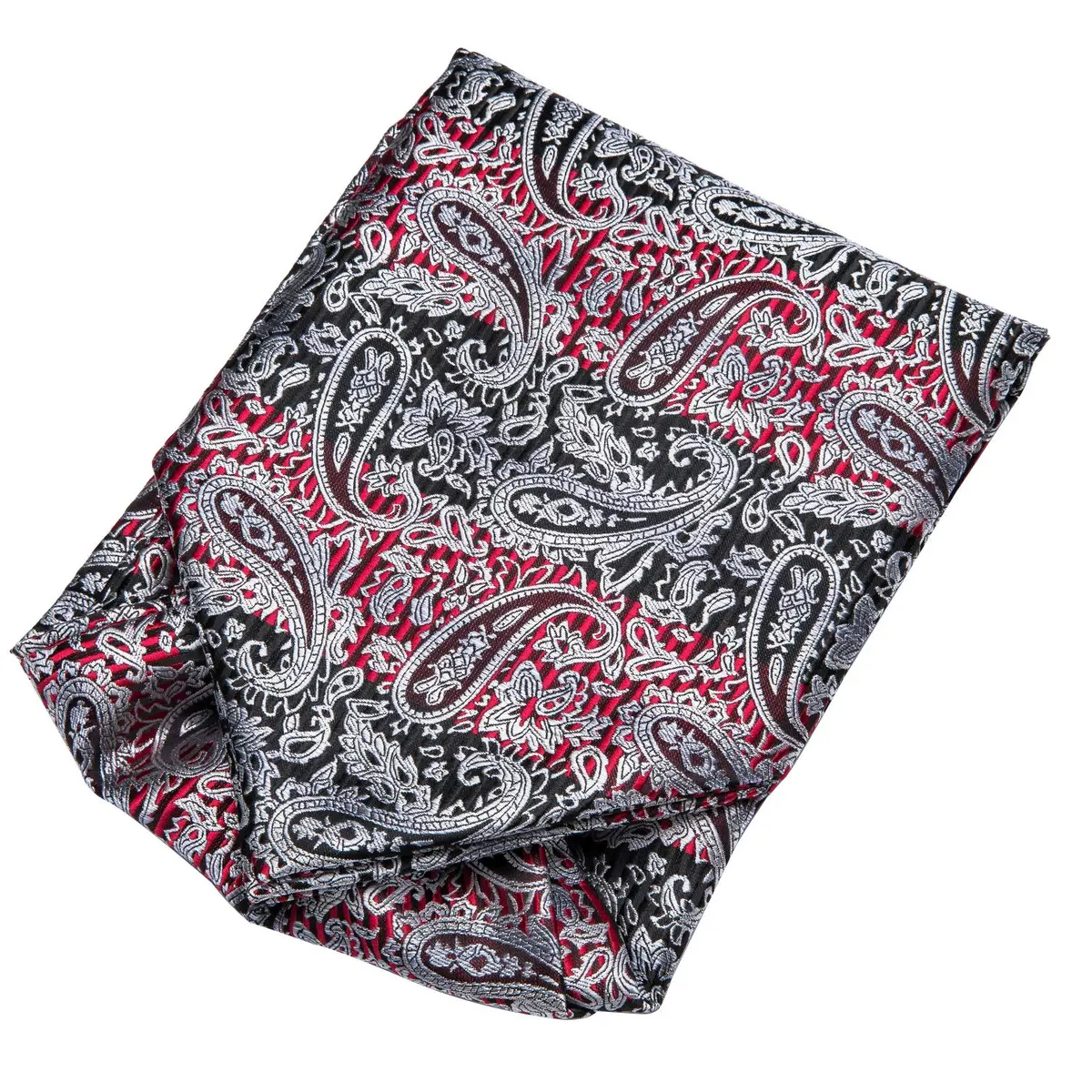 Dubulle Black Grey Red Paisley Ascot Tie Set with Pocket Square & Cufflinks | Men's Formal Business Wedding Accessory - view 5