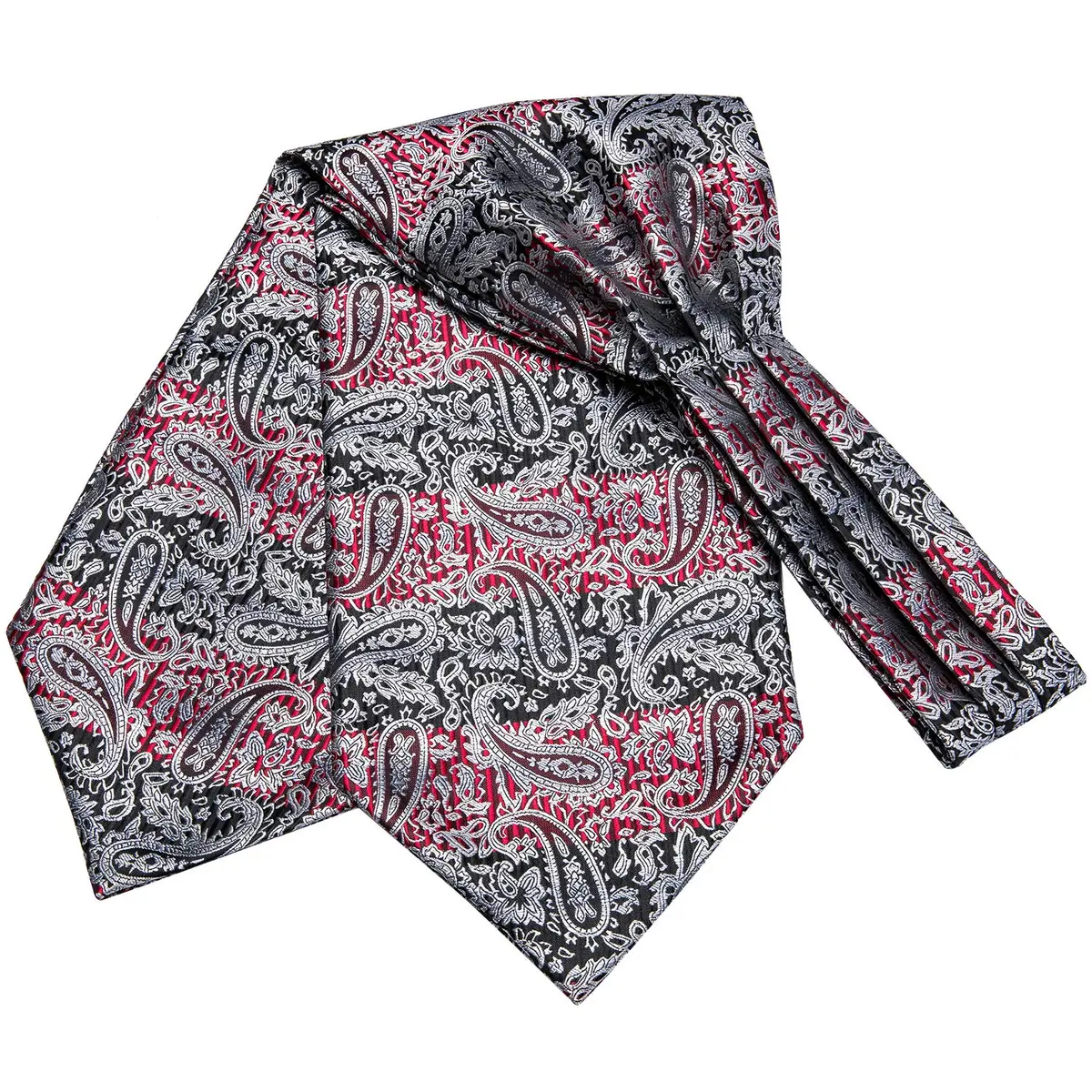 Dubulle Black Grey Red Paisley Ascot Tie Set with Pocket Square & Cufflinks | Men's Formal Business Wedding Accessory - view 6