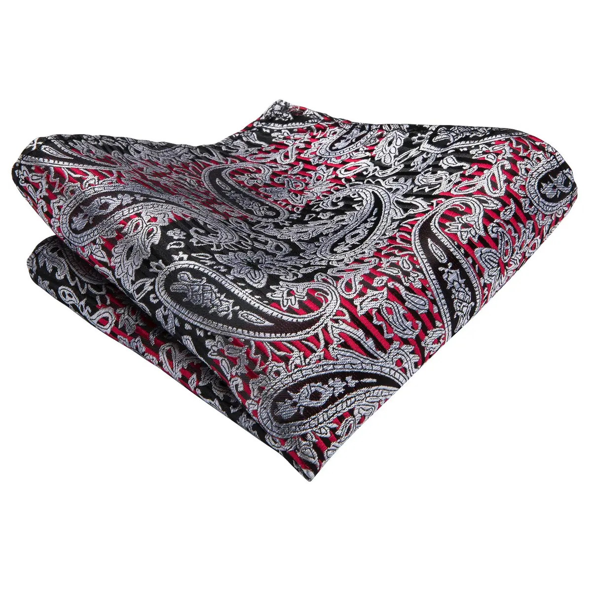 Dubulle Black Grey Red Paisley Ascot Tie Set with Pocket Square & Cufflinks | Men's Formal Business Wedding Accessory - view 7