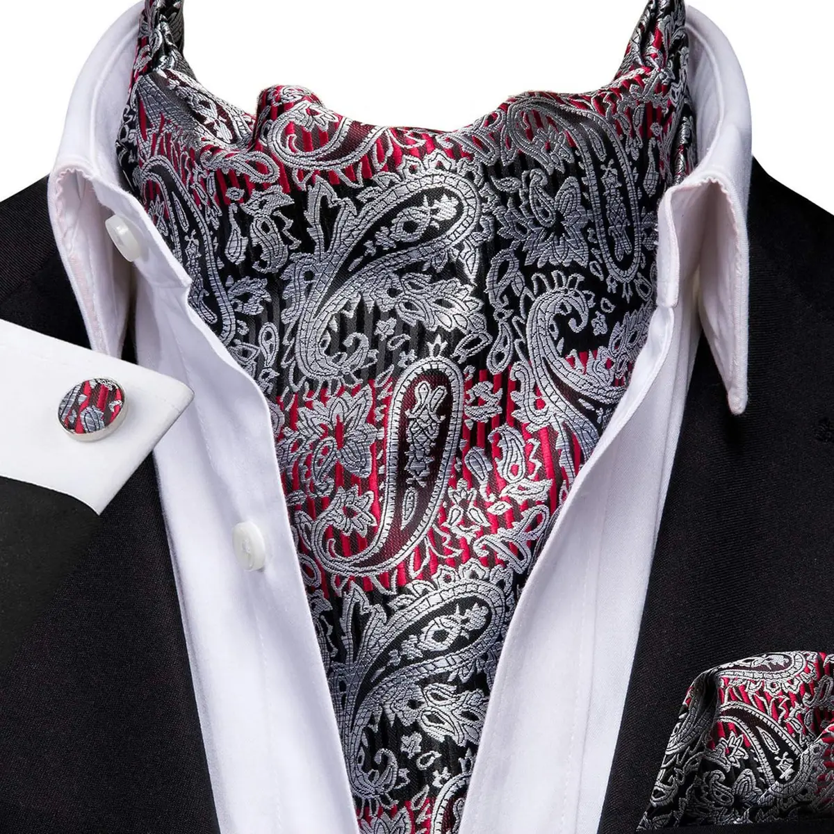 Dubulle Black Grey Red Paisley Ascot Tie Set with Pocket Square & Cufflinks | Men's Formal Business Wedding Accessory - view 2