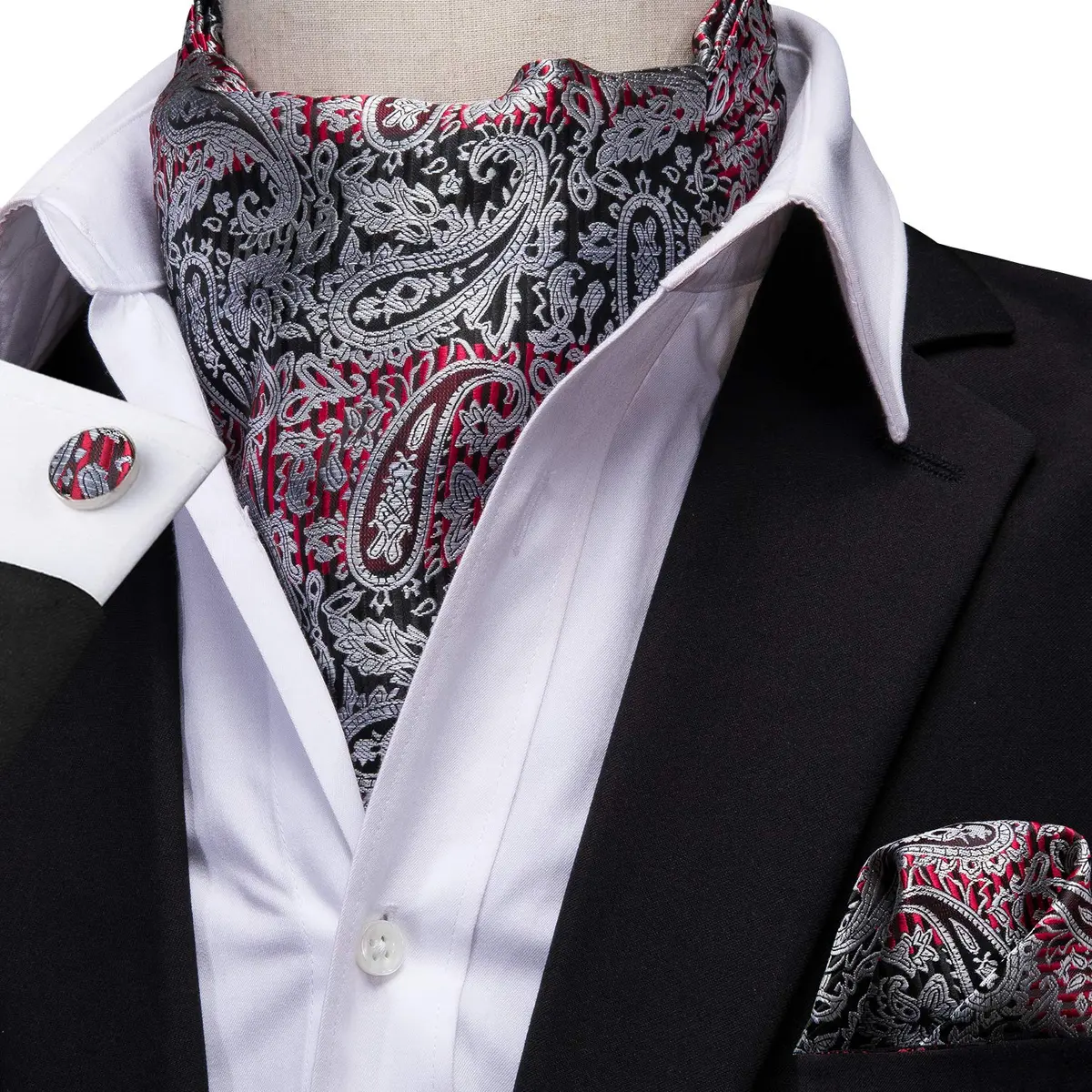 Dubulle Black Grey Red Paisley Ascot Tie Set with Pocket Square & Cufflinks | Men's Formal Business Wedding Accessory - view 3