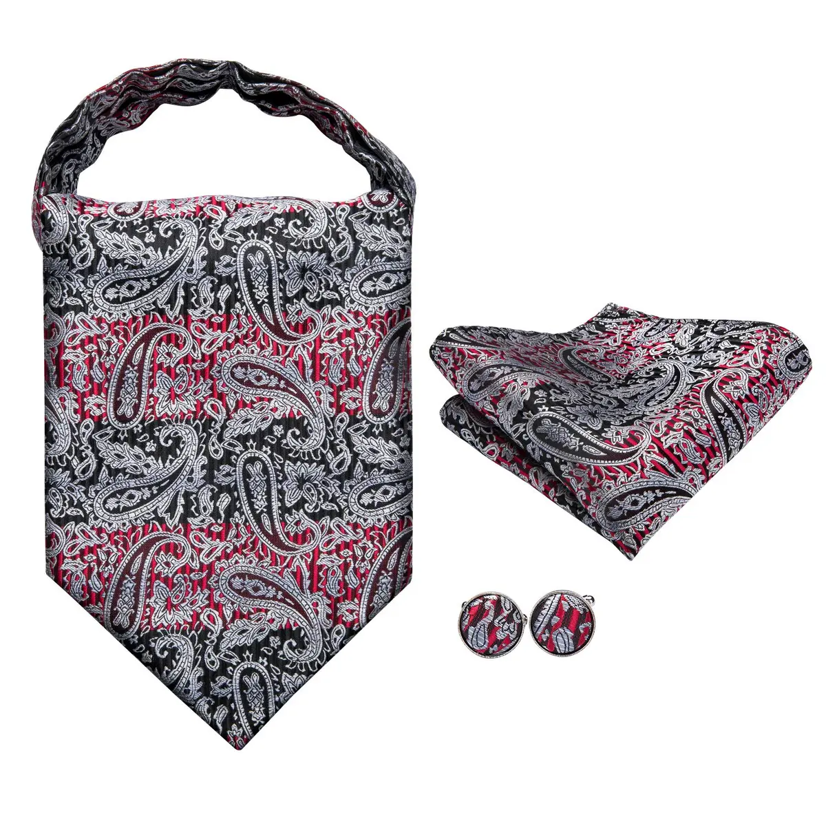 Dubulle Black Grey Red Paisley Ascot Tie Set with Pocket Square & Cufflinks | Men's Formal Business Wedding Accessory - view 4