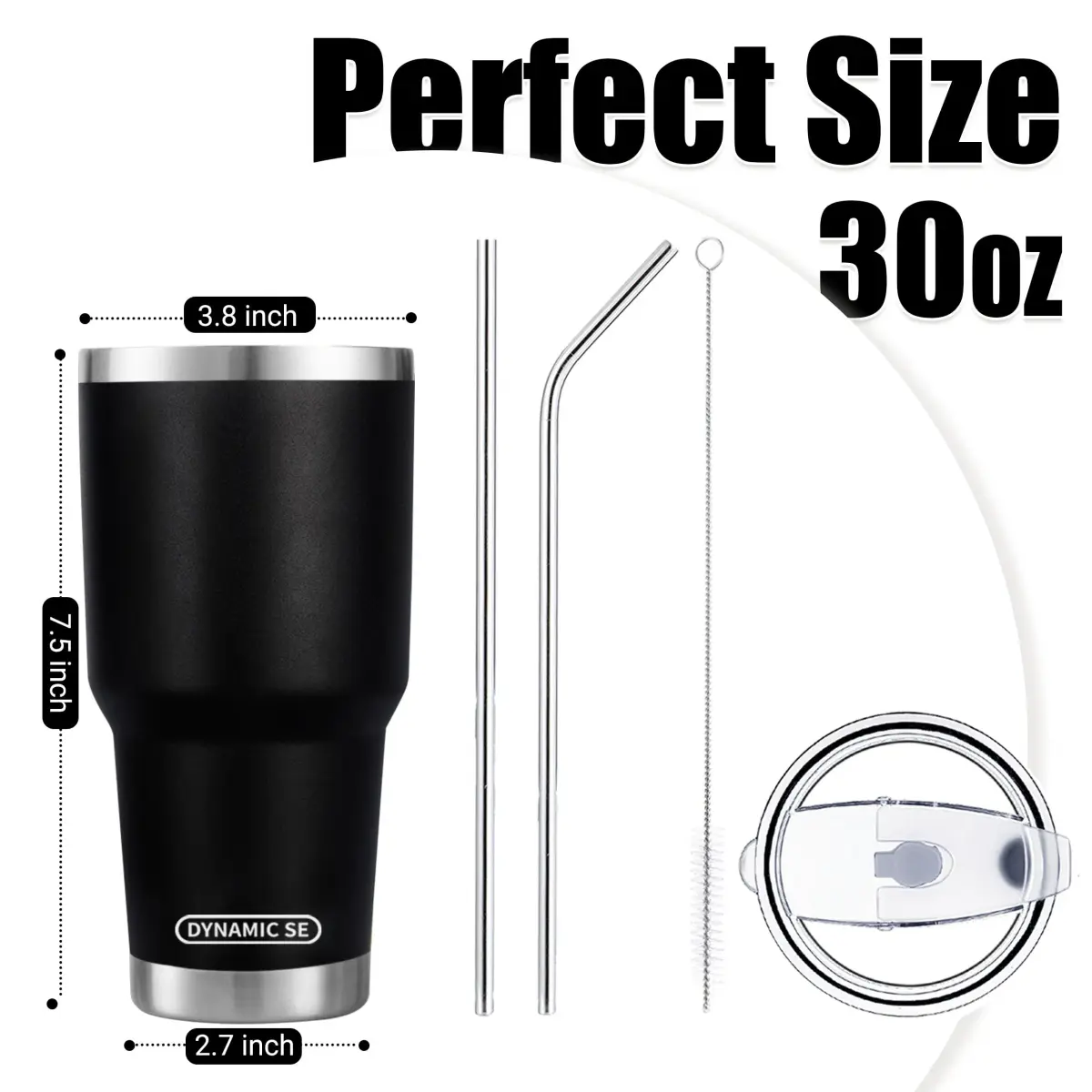D·S Black 887ml (30 oz) Insulated Tumbler with Straw & Lid | Keeps Drinks Cold 24 Hrs - view 2