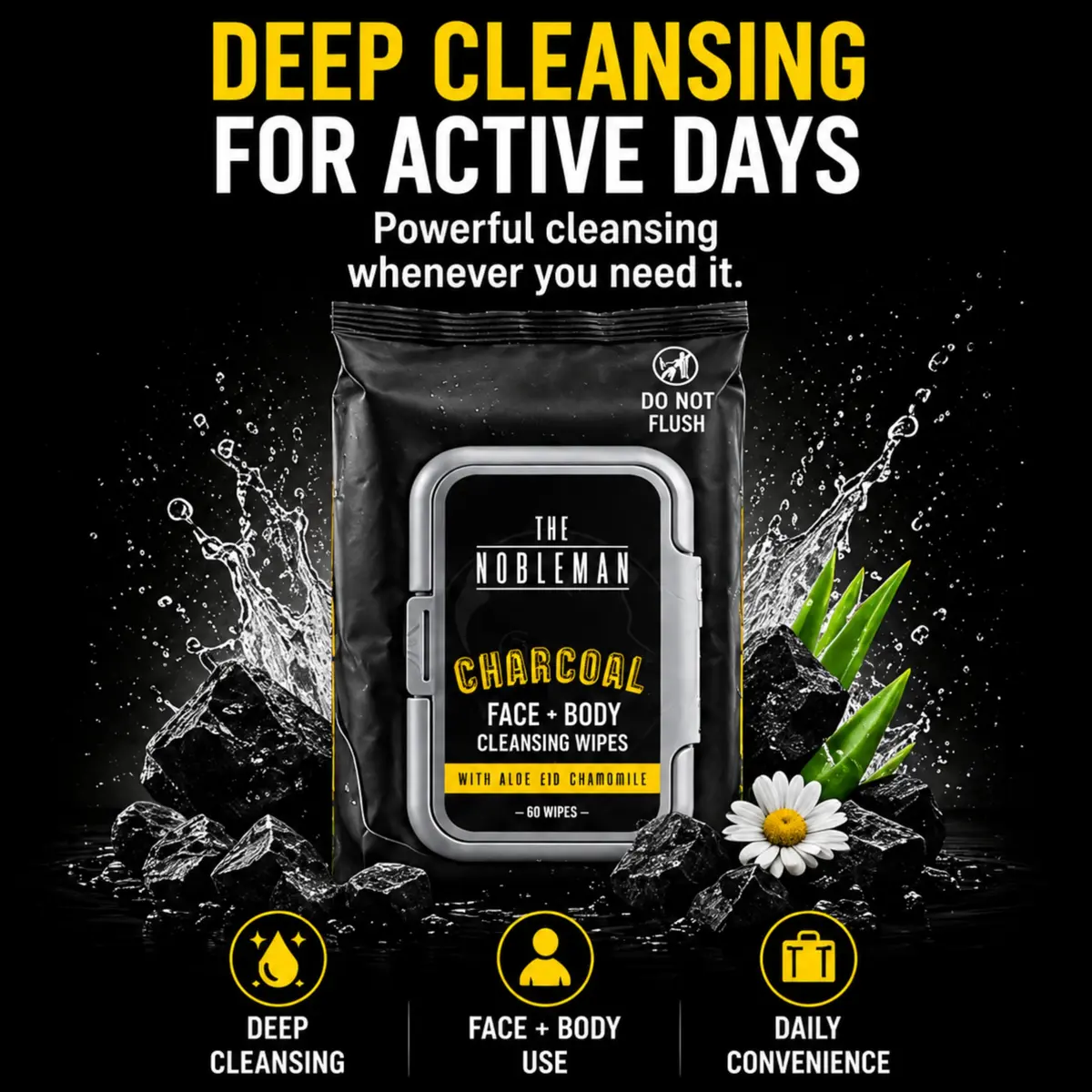 The Nobleman Charcoal Deep Detoxifying Face + Body Cleansing Wipes for Men | Heavy-Duty, Biodegradable, Charcoal Scent - view 4