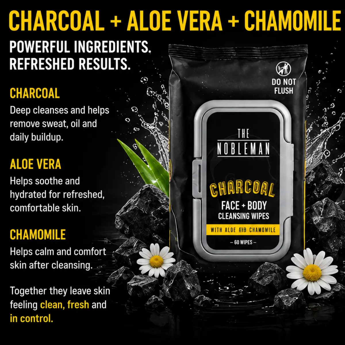 The Nobleman Charcoal Deep Detoxifying Face + Body Cleansing Wipes for Men | Heavy-Duty, Biodegradable, Charcoal Scent - view 6