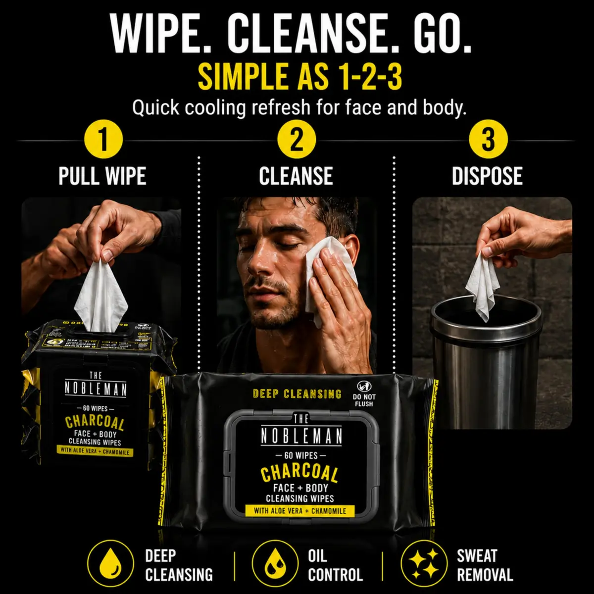 The Nobleman Charcoal Deep Detoxifying Face + Body Cleansing Wipes for Men | Heavy-Duty, Biodegradable, Charcoal Scent - view 7