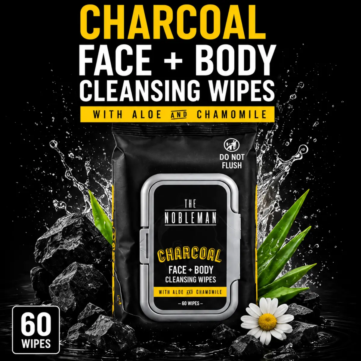The Nobleman Charcoal Deep Detoxifying Face + Body Cleansing Wipes for Men | Heavy-Duty, Biodegradable, Charcoal Scent - view 2